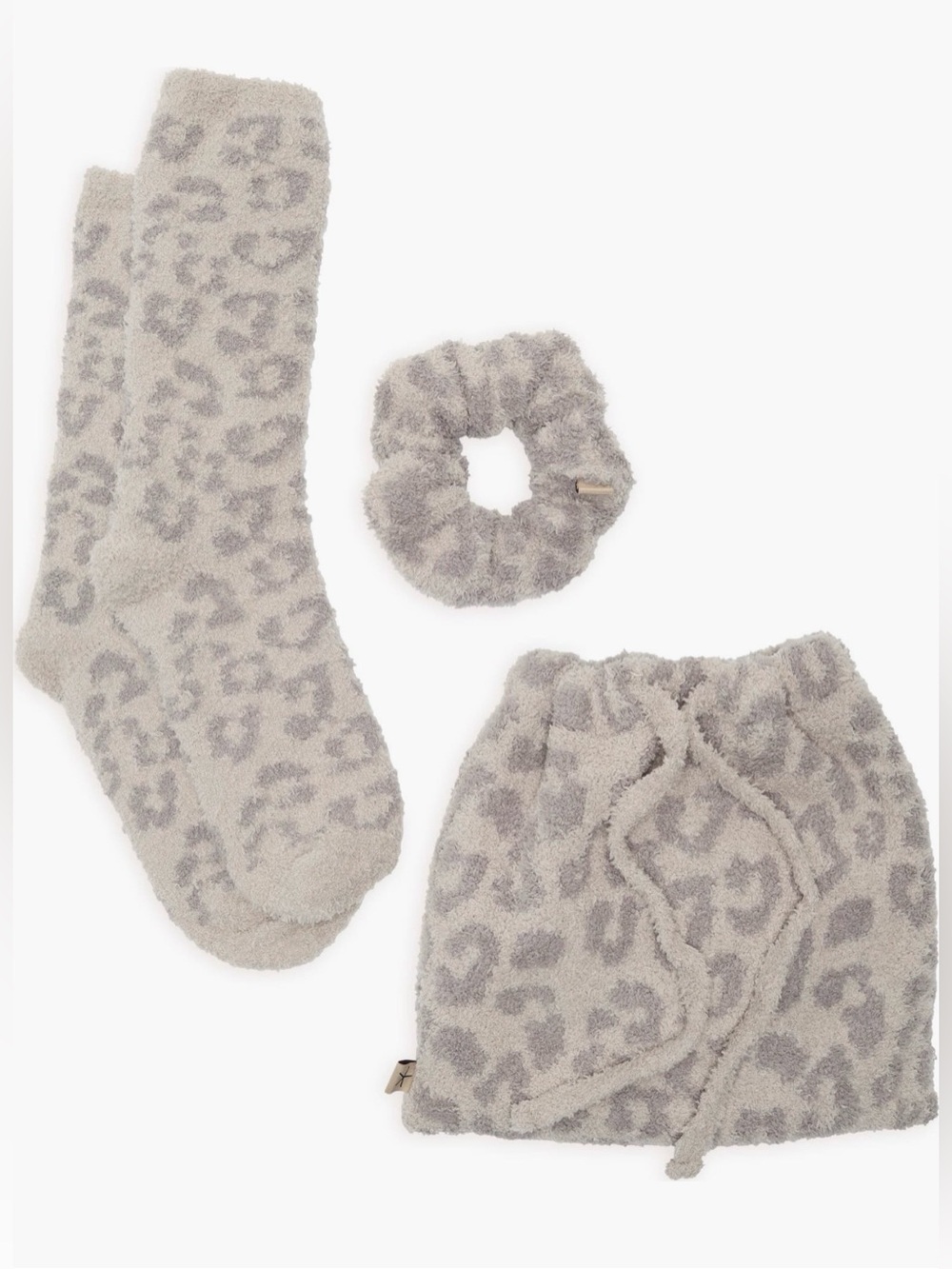 Barefoot Dreams Gray Leopard Plush Bag, Socks & Scrunchie Set
